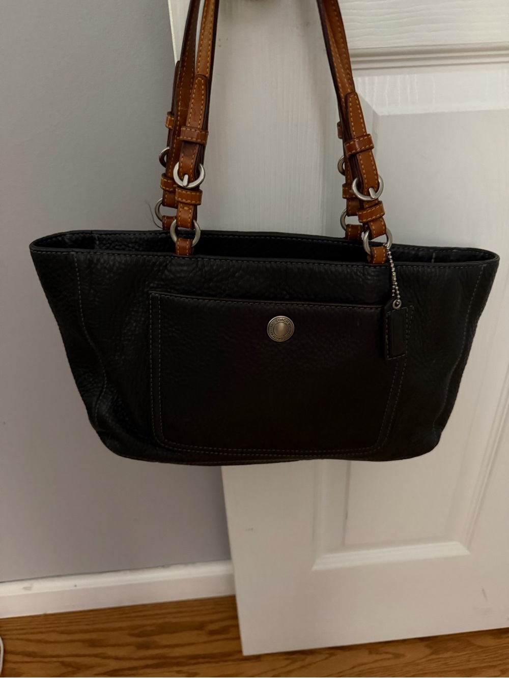 Coach Black Pebbled Leather Tote Bag with Tan Leather Straps | Classic Shoulder